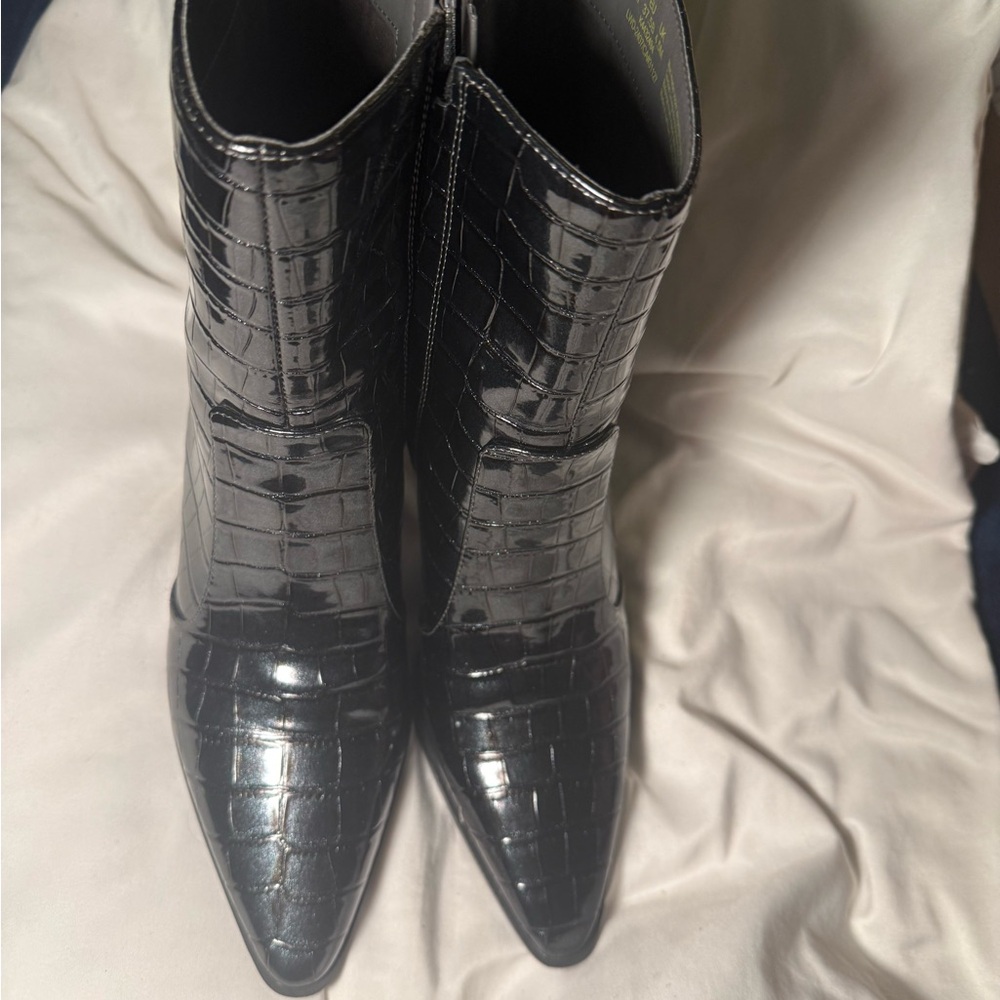DKNY Black Croc-Embossed Pointed Toe Ankle Boots